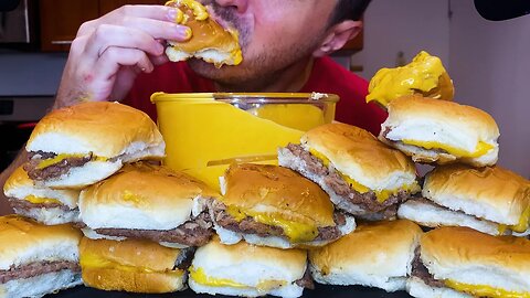 EATING 16 WHITE CASTLE CHEESE BURGERS ! * asmr mukbang no talking * cheese sauce food challenge