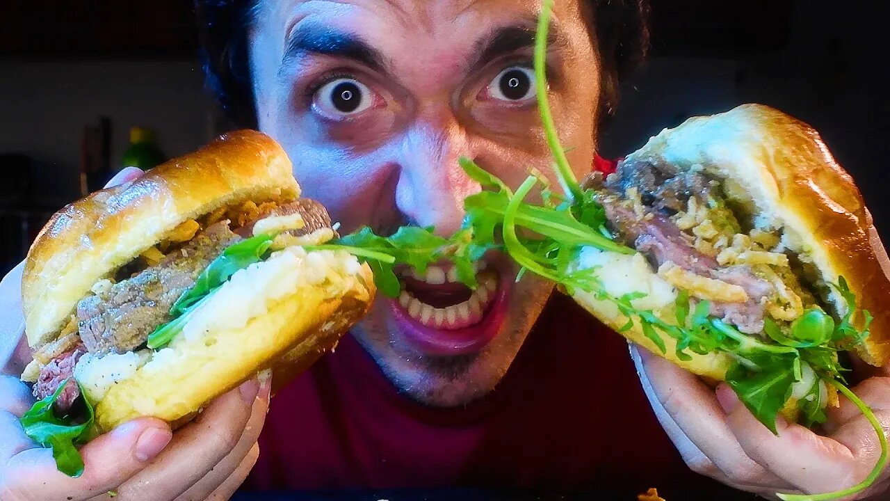 BIG SAUCY ROAST LAMB BURGER + MASHED POTATO * ASMR NO TALKING * PLAY BUTTON PARTY | NOMNOMSAMMIEBOY