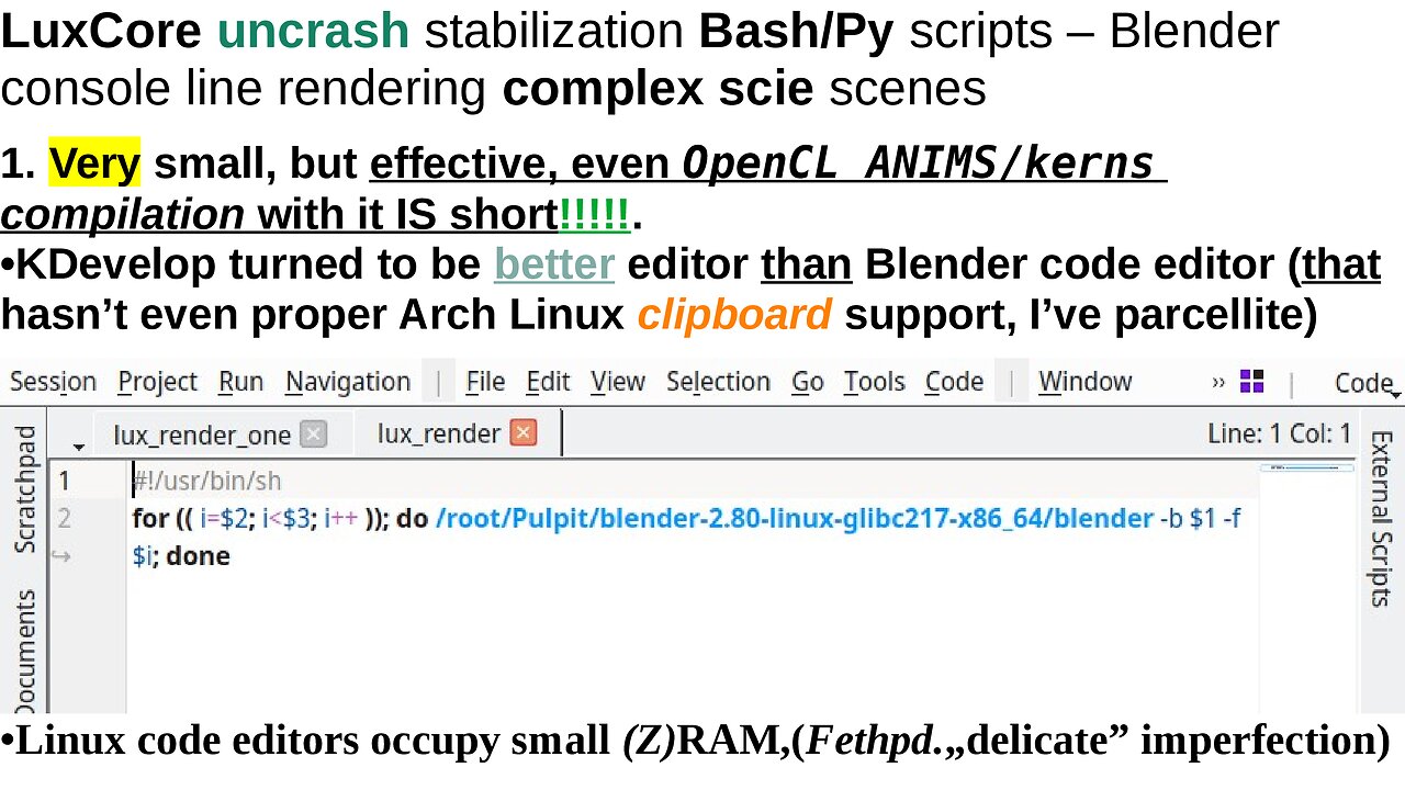 LuxCore uncrash stabilization Bash/Py scripts – Blender console line rendering complex scie scenes