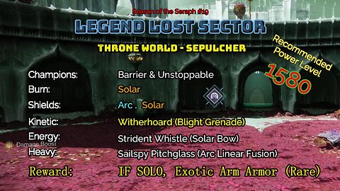 Destiny 2 Legend Lost Sector: Throne World - Sepulcher on my Hunter 2-6-23