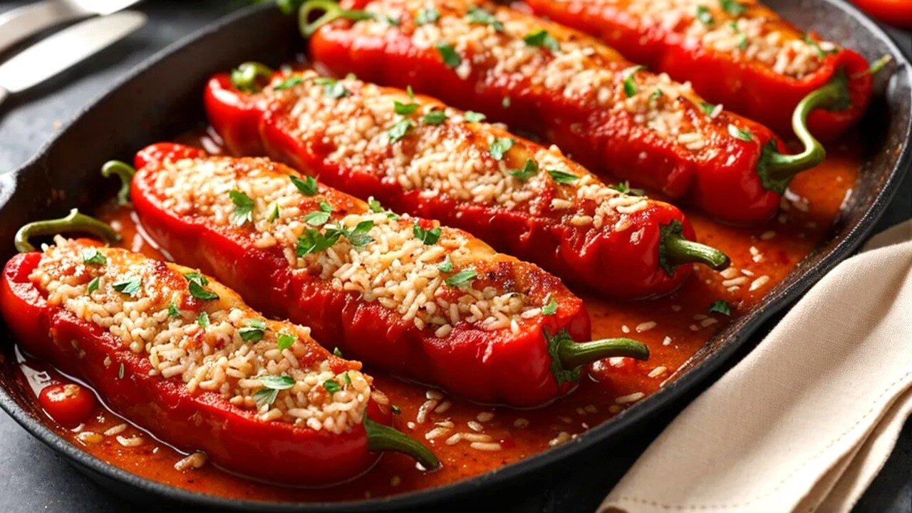 Peppers baked in the oven with a filling are a great appetizer for a festive table! Recipe.