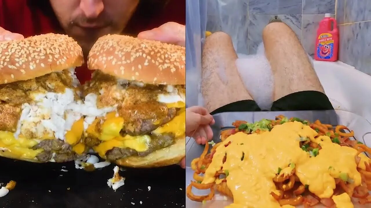 asmr eating GIANT CHEESE CRAB BURGER vs BACON CHEESE FRIES ! *stereo mukbang no talking* 주부 일상