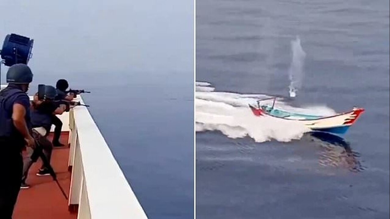 Moment Crew on Red Sea Tanker Shoots Down Explosive Houthi Drone Before It Hits Hull in Fireball