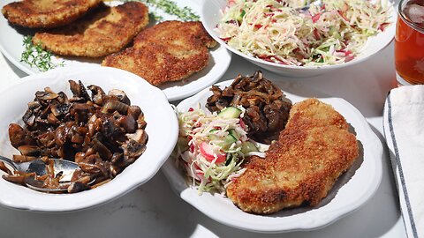 Crispy Breaded Pork Chops with Sautéed Mushrooms and Onions