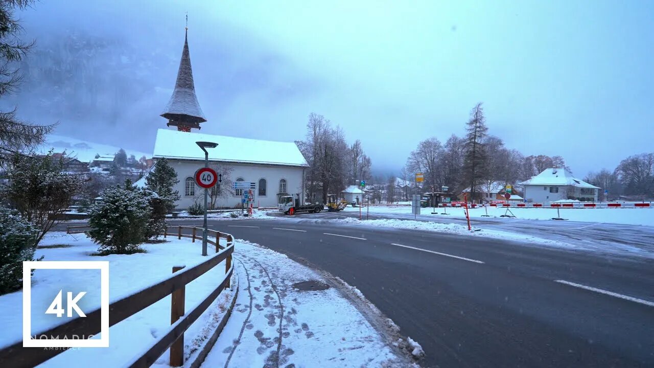 Snowfall Walk in Lauterbrunnen, Switzerland, River Walk Along Weisse, River and Nature Sounds