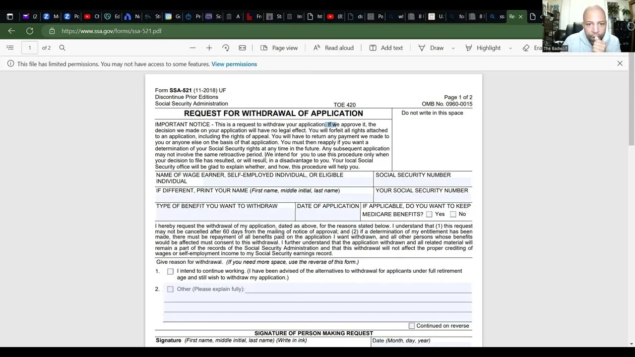 SSA-521 Form Request for Withdrawal of Application