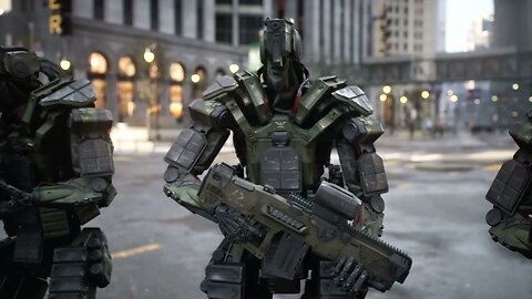an army of robot soldiers guard the streets of a modern metropolis a technological SBV 347172838 HD