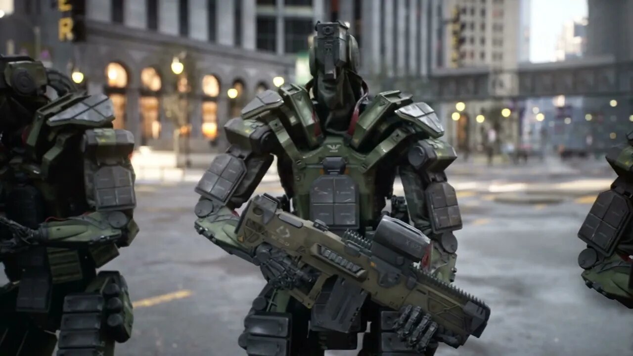 an army of robot soldiers guard the streets of a modern metropolis a technological SBV 347172838 HD