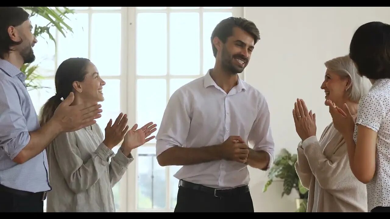 smiling proud glad employees praising encouraging team leader SBV 338378624 HD