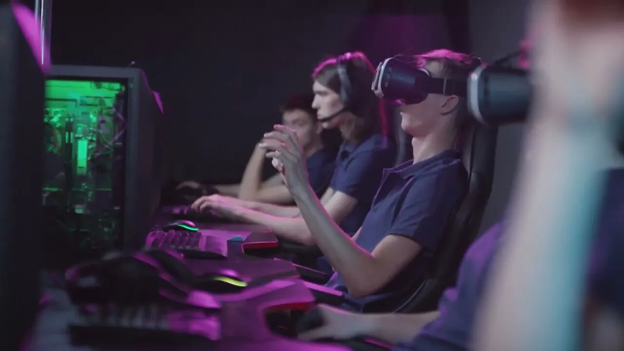 group of gen z young people having fun using virtual reality googles to play games SBV 338606788 HD