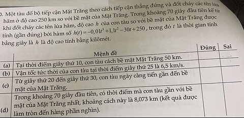 Toán 12: Một tàu đổ bộ tiếp cận Mặt Trăng theo cách tiếp cận thẳng đứng và đốt cháy các tên