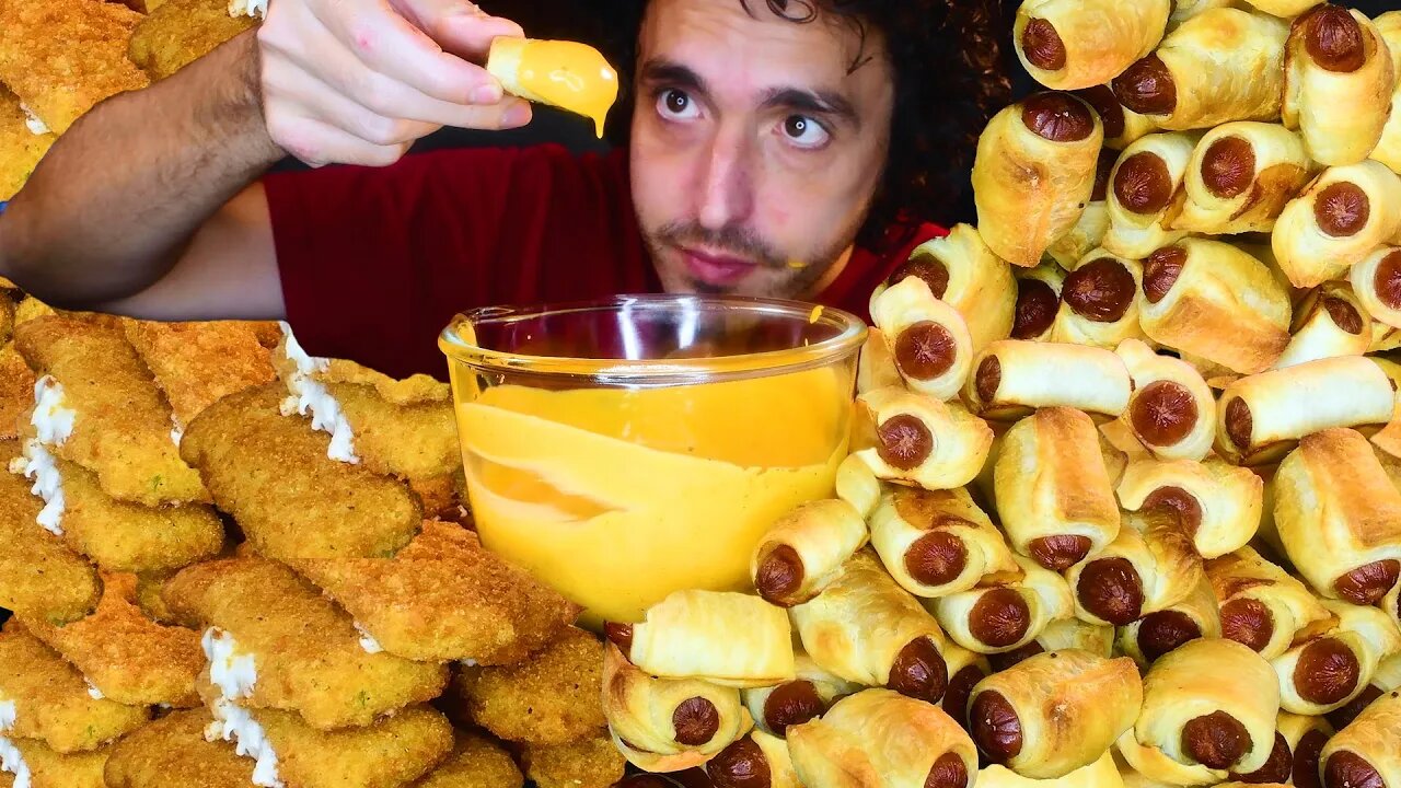 CHEESE SAUCE MINI SAUSAGE ROLL AND FRIED MOZZARELLA STICKS PARTY * ASMR MUKBANG * | nomnomsammieboy