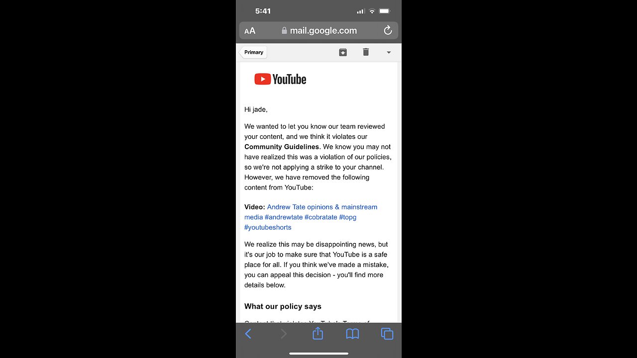 YouTube Deleted Me For Posting Andrew Tate