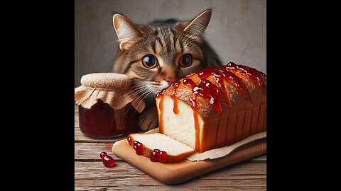 A cat steals a loaf of bread