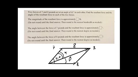 Physics Help: Magnitude of resultant force: Two forces of 7 and 8 pounds act at an angle of 41°