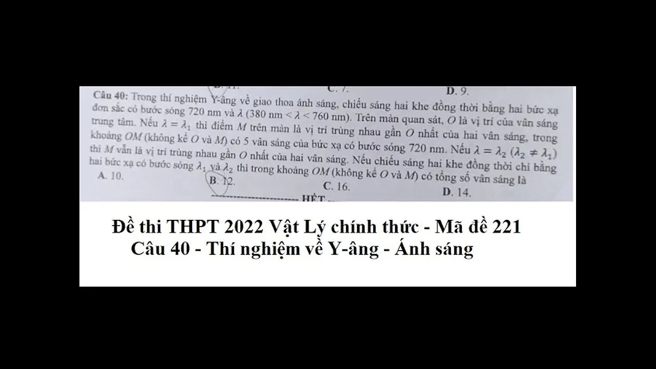 Đề thi THPT Vật Lý 2022 chính thức - Mã đề 221 -Câu 40: Trong thí nghiệm Y-âng về giao thao ánh sáng