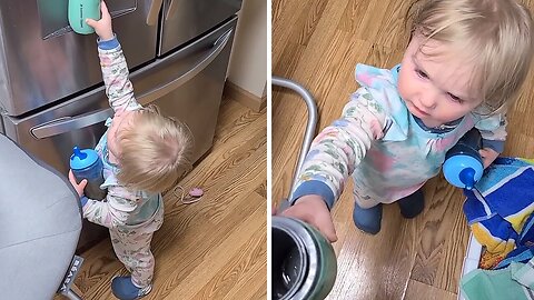 Toddler instantly regrets using water dispenser