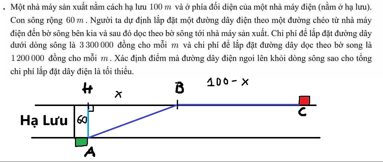 Toán 12: Một nhà máy sản xuất nằm cách hạ lưu 100 m và ở phía đối diện của một nhà máy điện