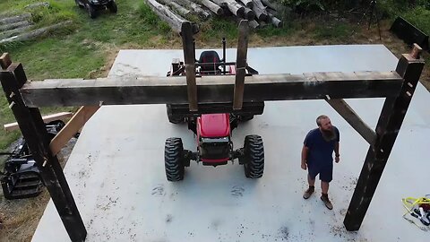 Raising The First Bent On The Timber Frame At The Sawmill,