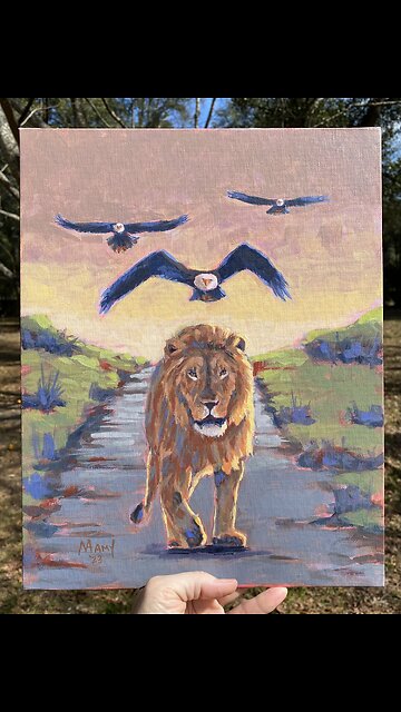 Lion Walking With Eagles Painting -Prophetic Art, Acrylic Artwork, Christian Art, Lion of Judah Art