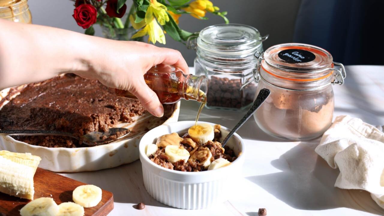 Easy Breakfast Quinoa Bake with Chocolate and Peanut Butter. Gluten Free.