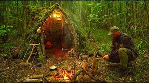 Building a Survival Shelter in a Forest - Camp food from natural herbs