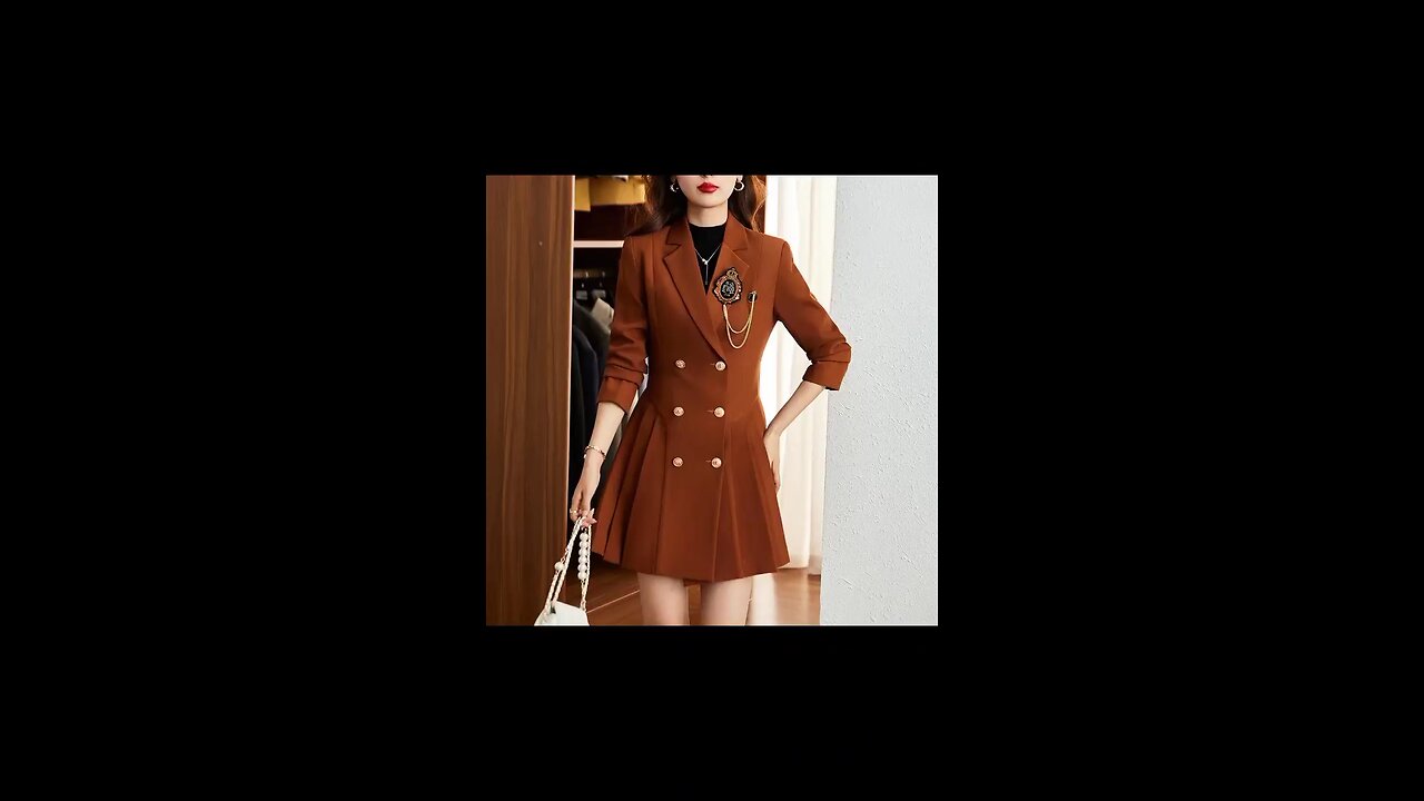 Women’s Long Brown Coat with Pockets – Double-Breasted Winter Jacket