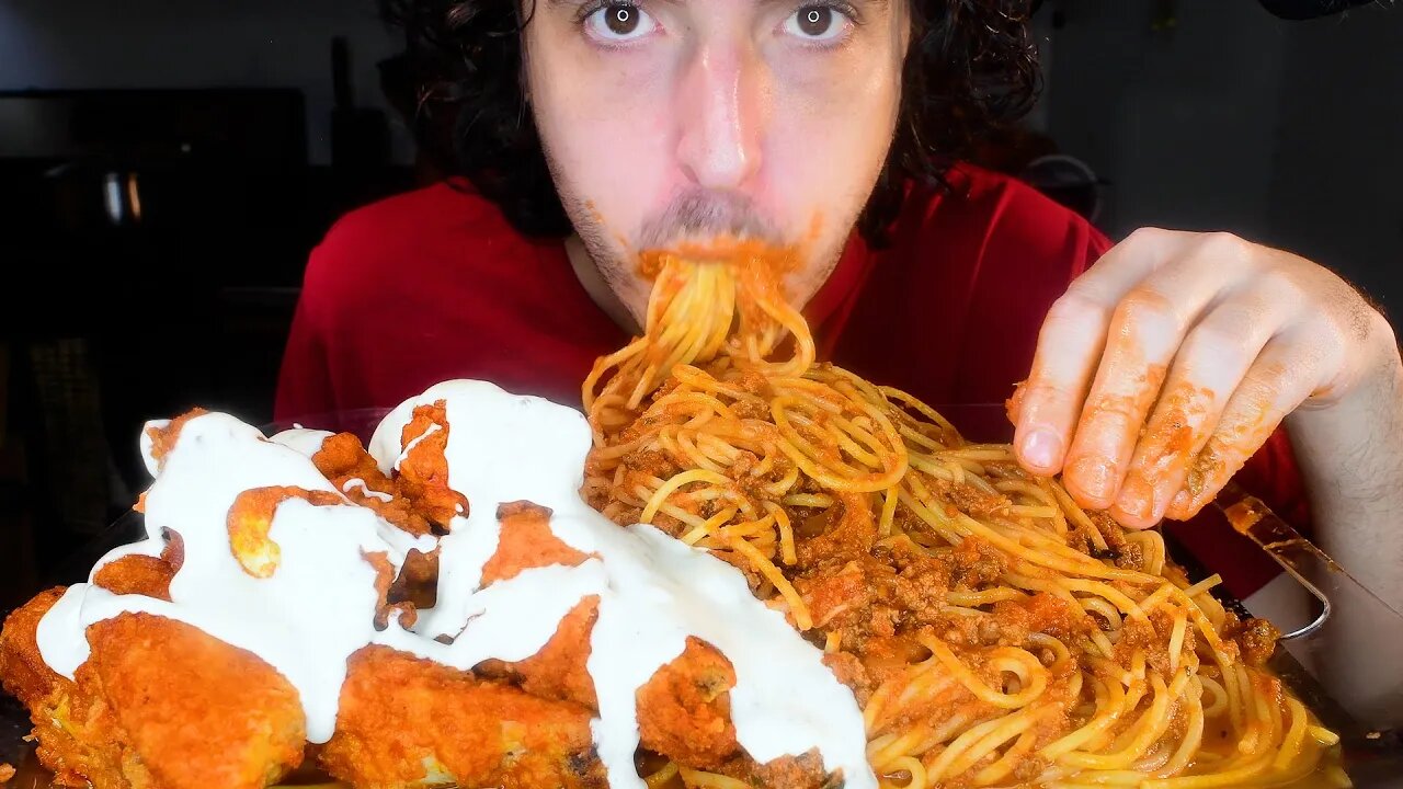 ASMR BUFFALO CHICKEN WINGS AND MESSY SPAGHETTI WITH RANCH ! MUKBANG (No Talking) NOMNOM