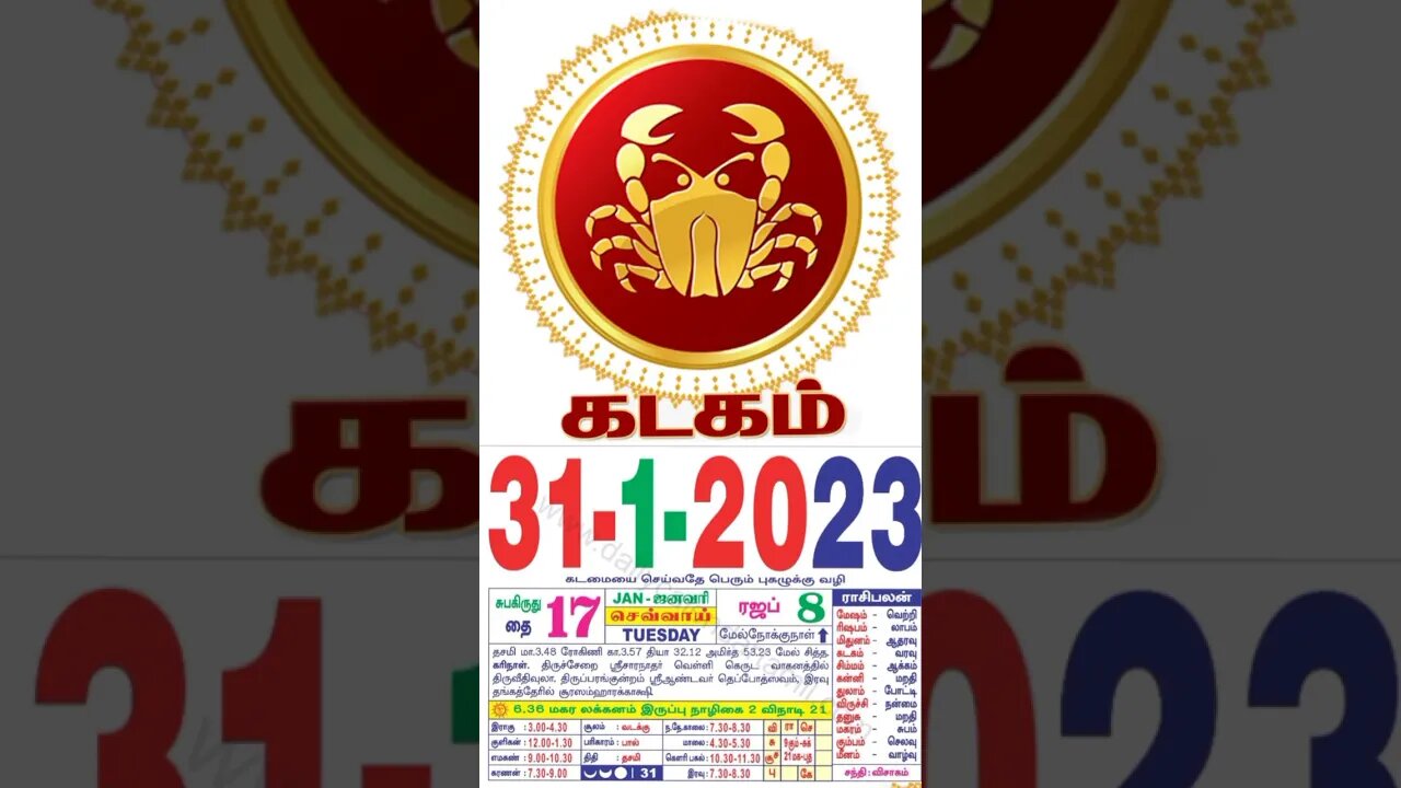 கடகம்||இன்றைய ராசிபலன் ||31|01|2023 |செவ்வாய்கிழமை||Today Rasi Palan | Daily Horoscope