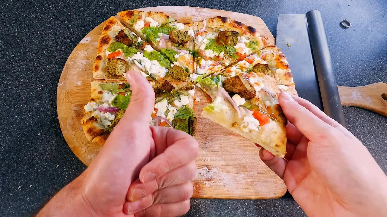 This GREEK PIZZA with Falafel and double sauce is AMAZING! * asmr cooking *