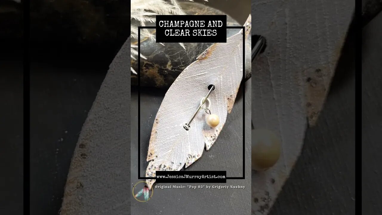 CHAMPAGNE AND CLEAR SKIES, 4 inch, leather feather scarf pin