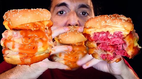 HUGE 3 CHEESE QUADRUPLE SPICY CHICKEN BURGER ! ASMR MUKBANG( Real Sounds ) | Nomnomsammieboy