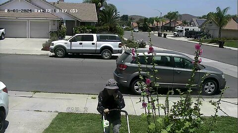 my wife mowing the grass