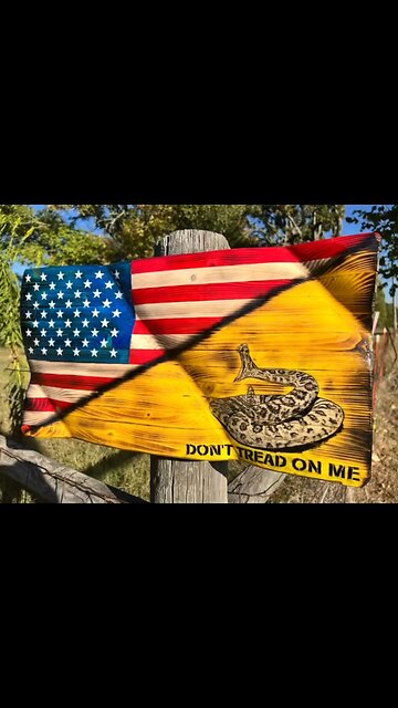 Custom Rustic Waving Wooden American / Gadsden Flag with a Charcoal Realistic Rattlesnake.
