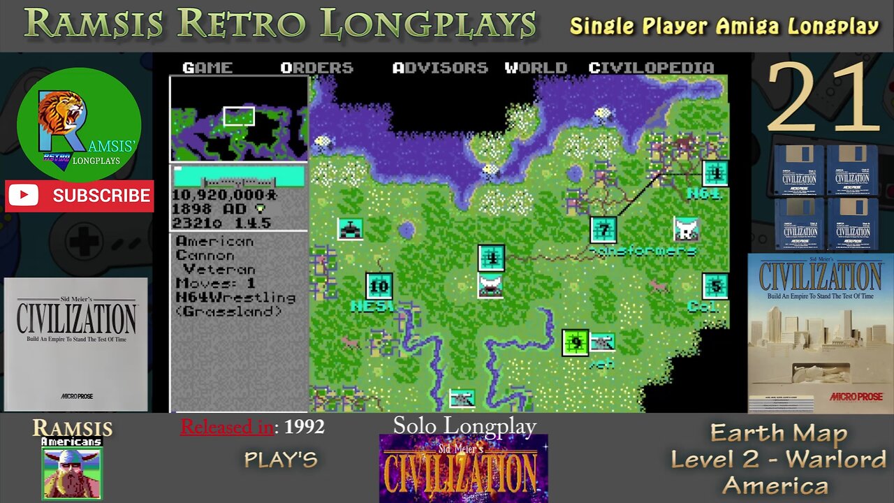 Sid Meier's Civilization | 1992 | Amiga | Warlord | EARTH | America - Episode #21 | Longplay