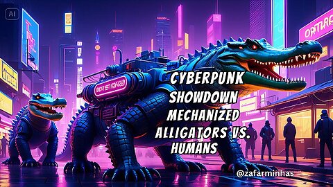 Cyberpunk Showdown: Humans vs. Mechanized Alligators in a Neon City Battle!