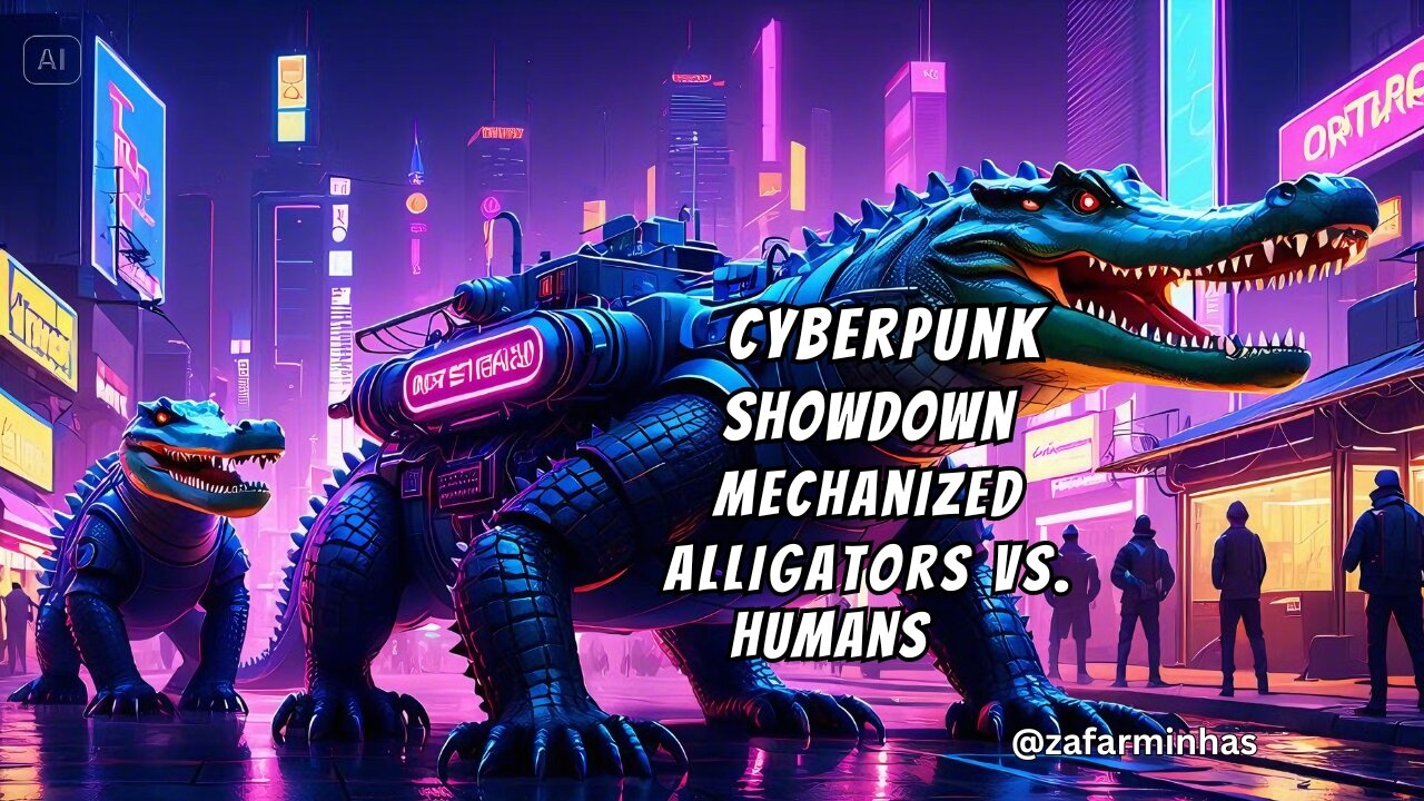 Cyberpunk Showdown: Humans vs. Mechanized Alligators in a Neon City Battle!