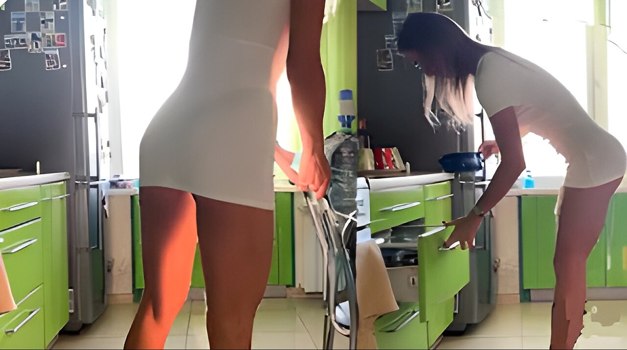 Fit girl in short dress cleaning kitchen