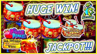MASSIVE DOUBLE WIN JACKPOT! Dancing Drums VS All Aboard Piggy Pennies Slots HIGHLIGHT