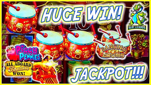 MASSIVE DOUBLE WIN JACKPOT! Dancing Drums VS All Aboard Piggy Pennies Slots HIGHLIGHT