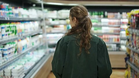 a woman in a supermarket pushing trolley rear view SBV 346703535 HD