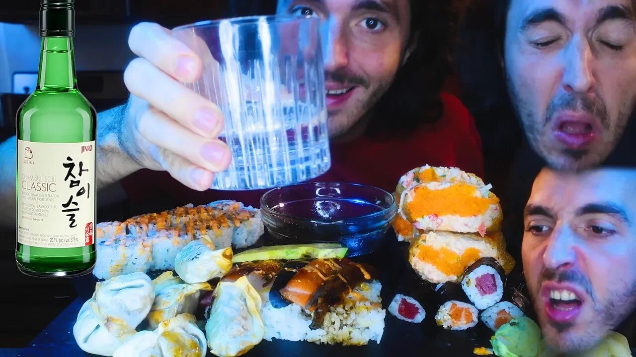 SUSHI FEAST + CRUNCHY DUMPLINGS + 소주 SOJU SHOTS ! 먹방 * ASMR NO TALKING * | Nomnomsammieboy