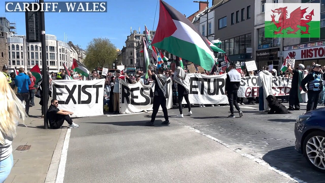 Pro-Palestinian Protesters blocked the Castle Road. March for Palestine. Cardiff Wales