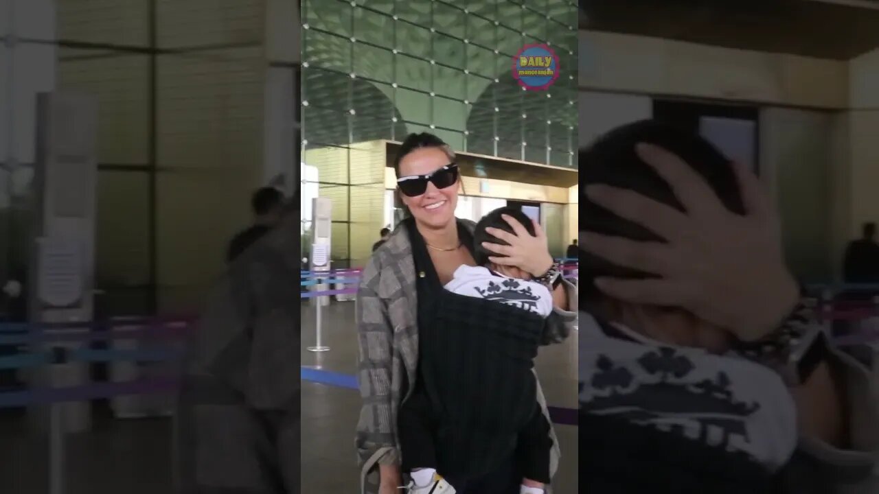 Neha Dhupia With Her Son Guriq Is Heading To Goa Spotted At Airport