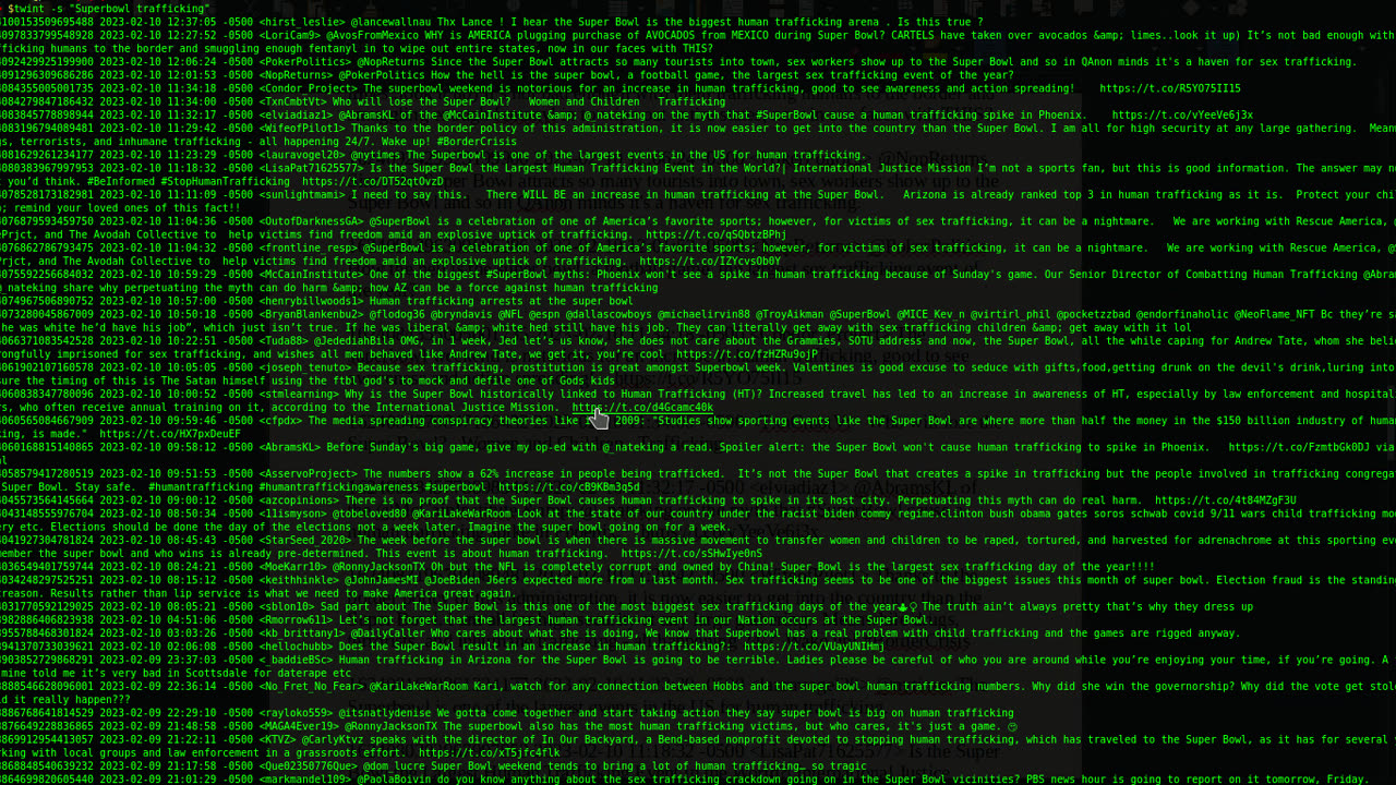 Twitter Scraper Twint Search “Superbowl Trafficking”
