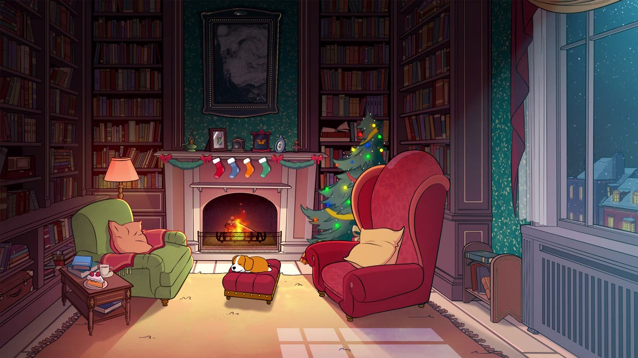 Christmas Lofi Animation Dog Sleeping In Front of Fireplace