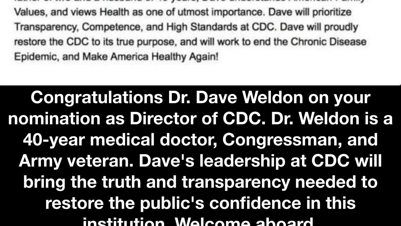 Congratulations Dr. Dave Weldon on your nomination as Director of CDC