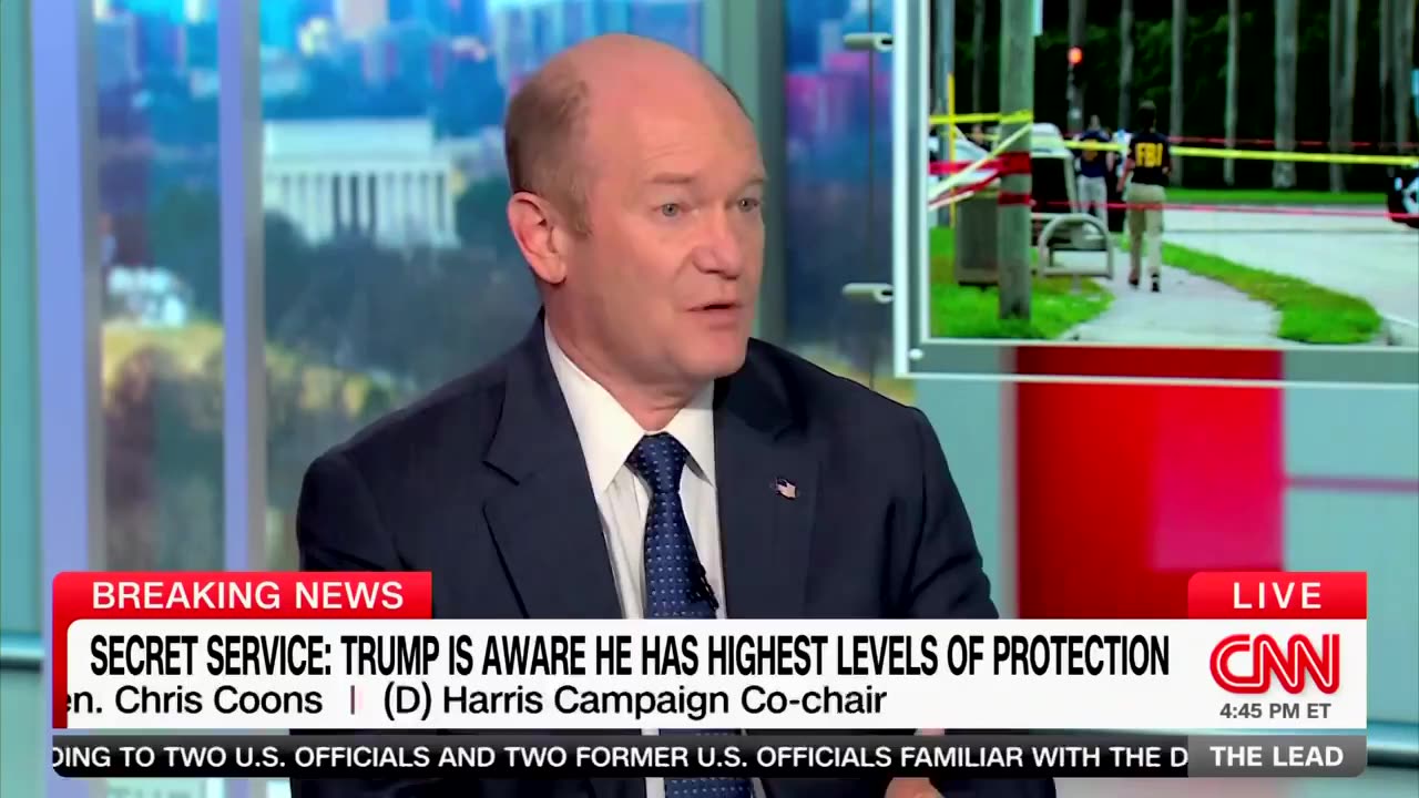 Harris Campaign Co-Chair Chris Coons blames the assassination attempt on Trump's "rhetoric."