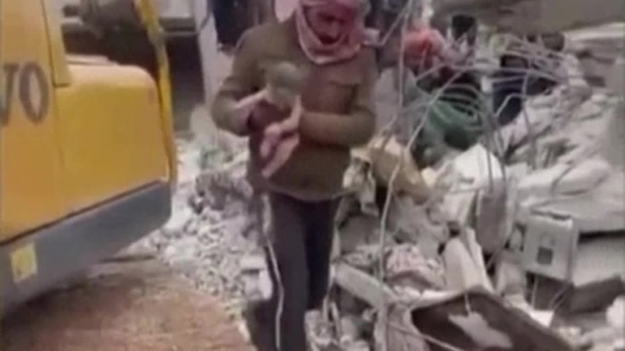Bebé resgatado com vida após terremoto mortal na Turquia e Síria.