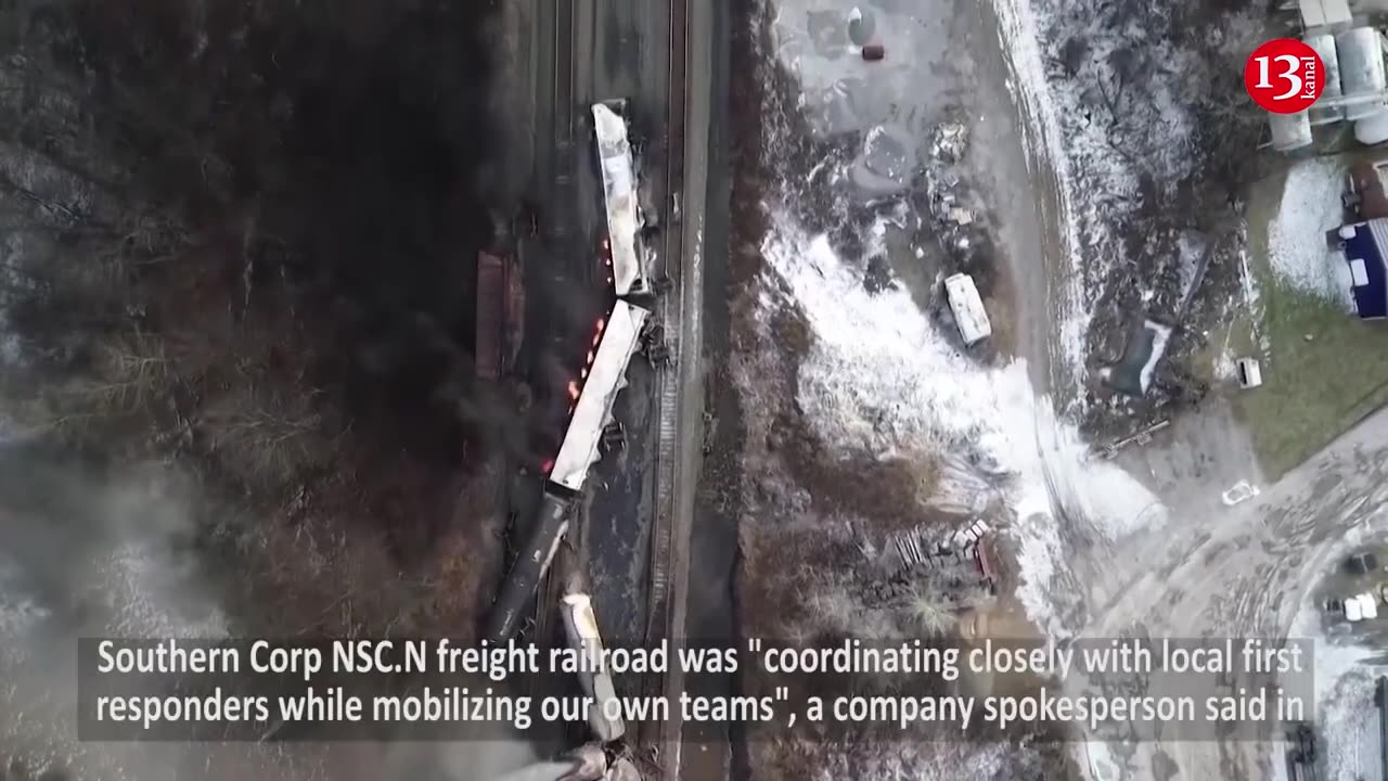 Drone video shows charred train cars after massive derailment in Ohio